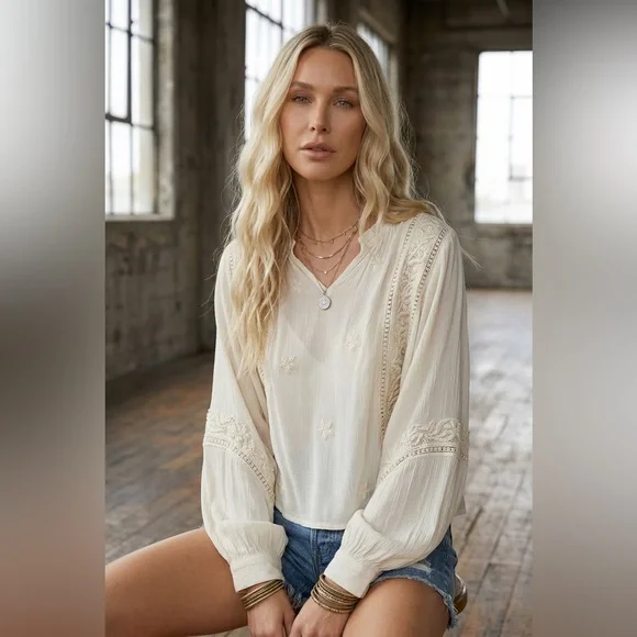 NWT POL Boho Festival Balloon Sleeve Crinkle Woven Peasant Blouse Top Shirt - Picture 4 of 11